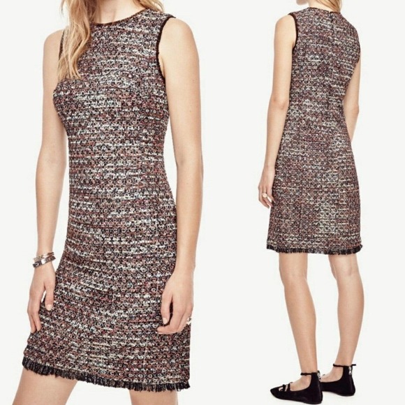 Ann Taylor Dresses & Skirts - Ann Taylor Womens Tweed Sequin Fringe Boucle Sheath Mini Dress Sz Petite 2P